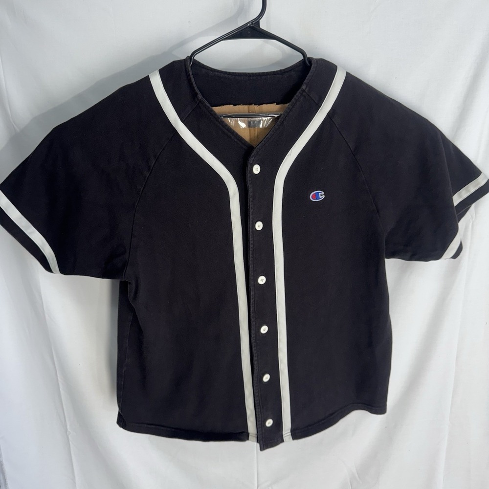 Champion Baseball Jersey Size Large Button Up Short Sleeve Black Faded